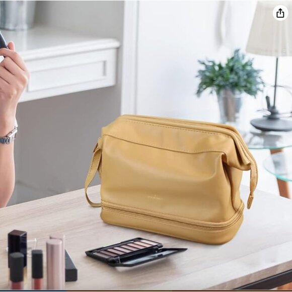 Pocmimut Leather Cosmetic Bag For Women 2-In-1 Portable Drawstring YELLOW - Picture 4 of 8